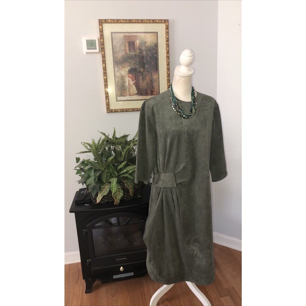 THE PEOPLE'S Women Olive Green Dress L Ruched Pockets 3/4 Sleeve Round Neck